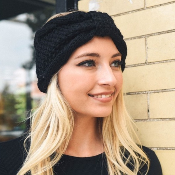 Knit Bow Headband Womens One Size Black Fall Winter Cute Stylish Cozy Ear Warmer - Picture 2 of 4